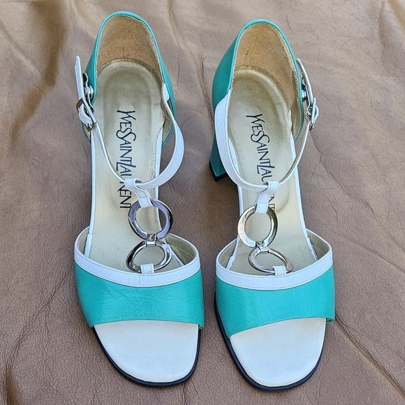 Women's Yves Saint Laurent Turquoise White Leather Sandals Heels Sz 5.5 US - Picture 5 of 14